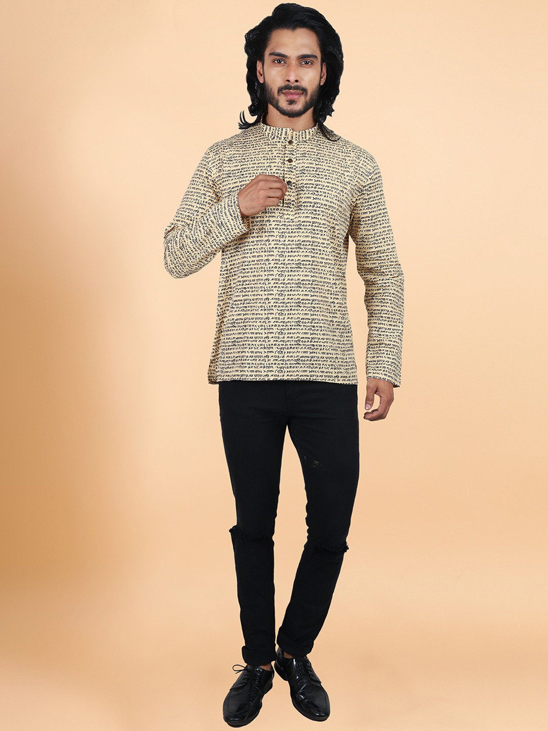 

ETHNIC FACTORY Typography Printed Mandarin Collar Cotton Straight Short Kurta, Beige