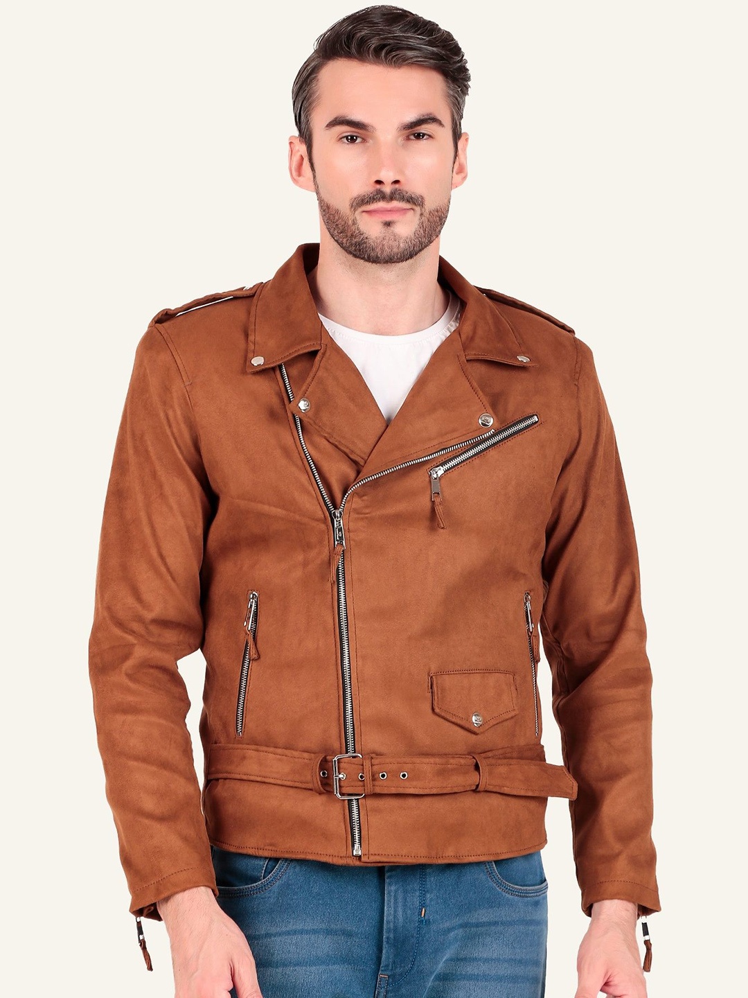 

Leather Retail Men Solid Biker Jacket, Brown