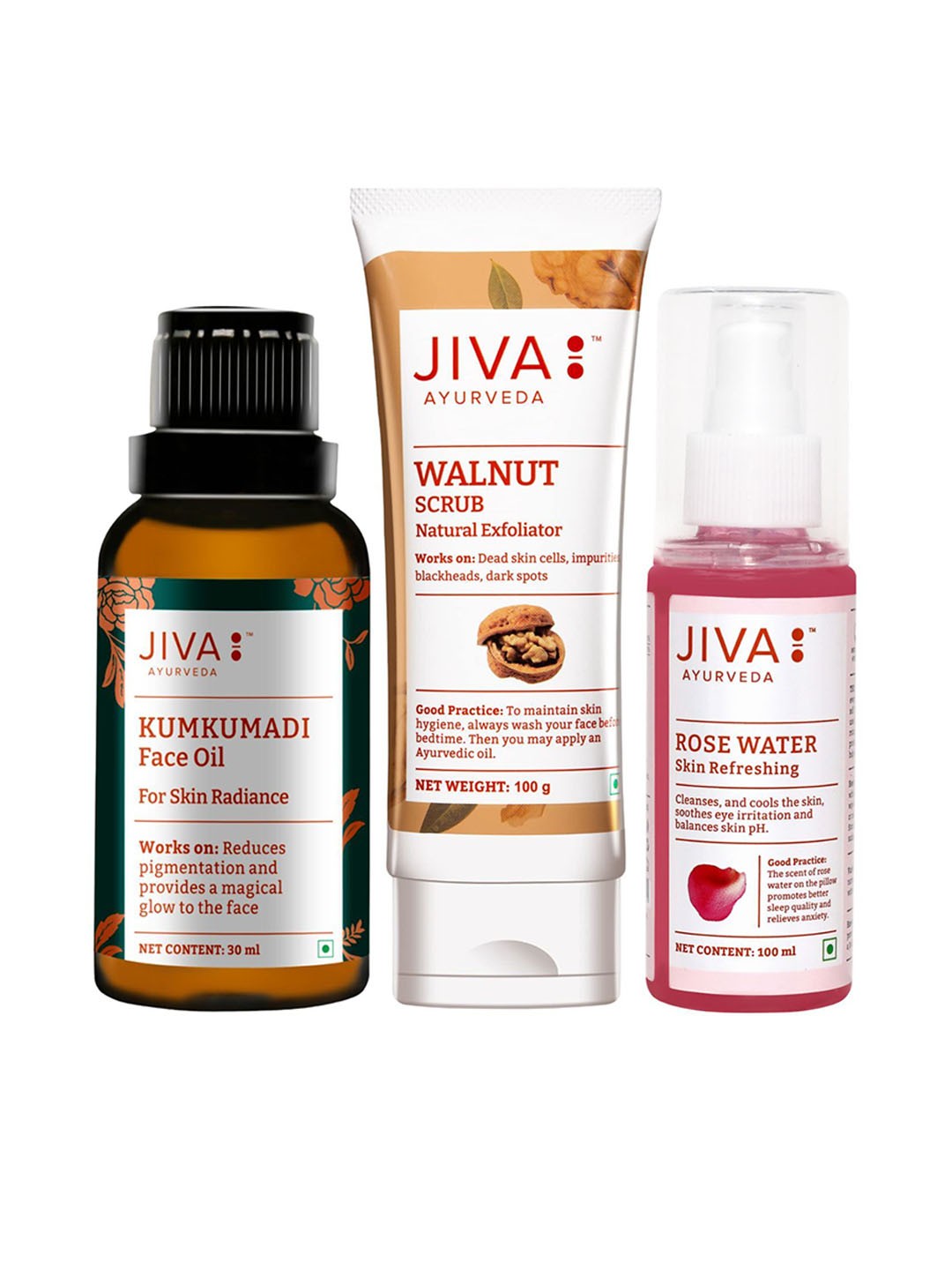 

Jiva Set Of 3 Kumkumadi Oil, Walnut Scrub & Rose Water, Transparent