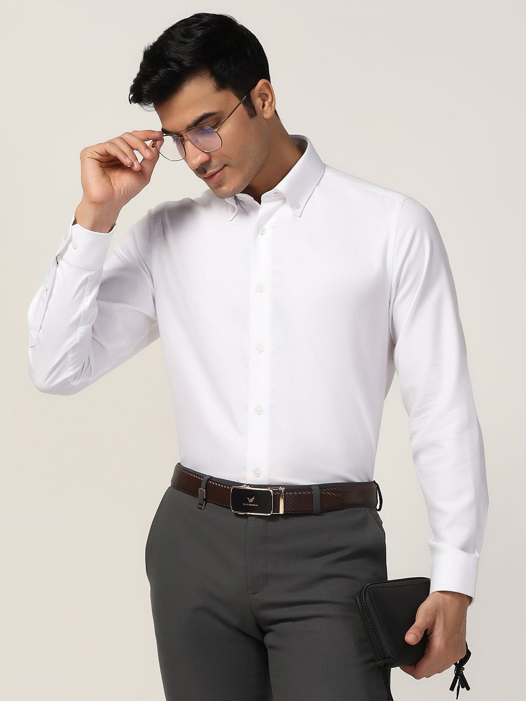 

Blackberrys Men India Slim Button-Down Collar Textured Cotton Casual Shirt, White