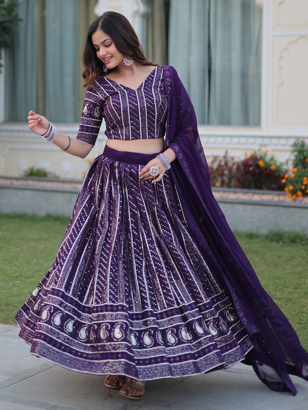 

KALINI Embroidered Silk Georgette Ready to Wear Lehenga & Unstitched Blouse With Dupatta, Purple