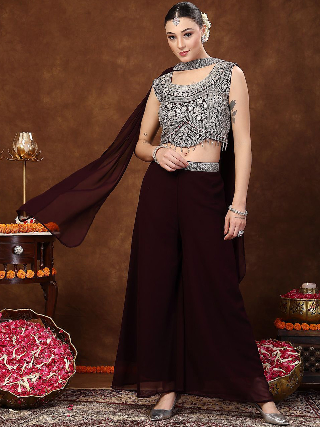 

Stylum Purple Embellished Top With Palazzo & Dupatta