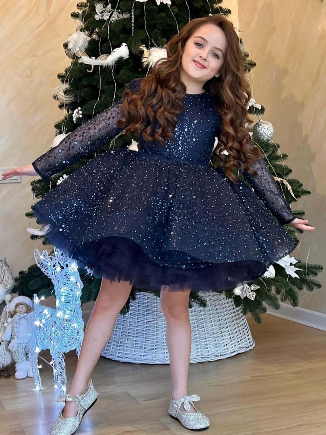 

First Little Smile Girls Embellished Embroidered Net Balloon Dresses, Blue