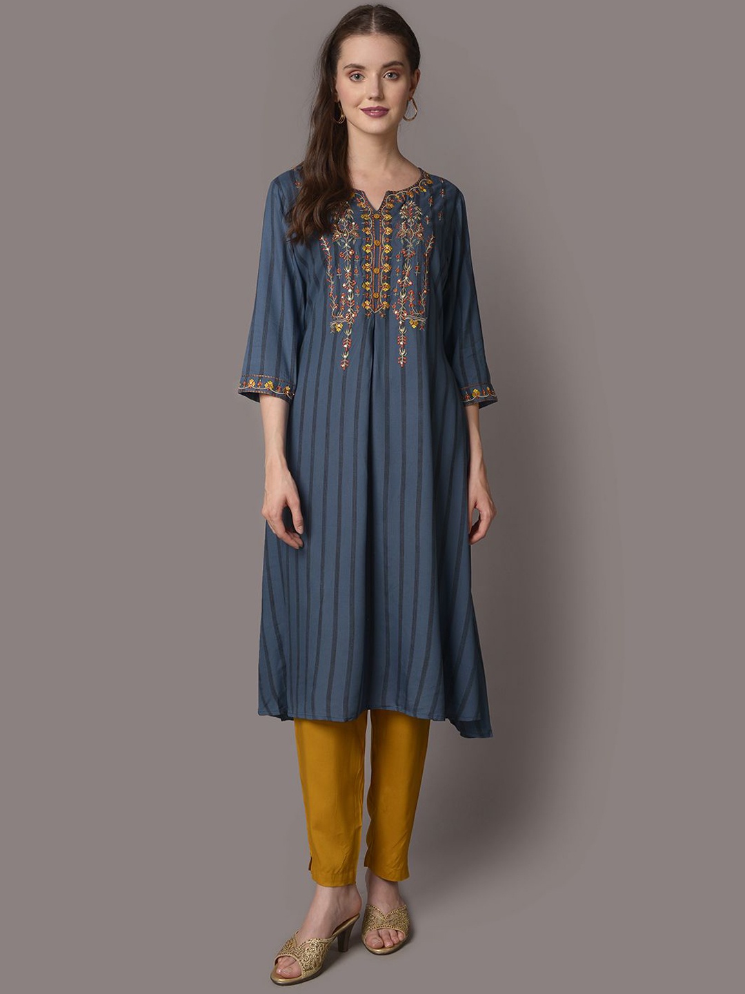 

Shree Ethnic Motifs Yoke Design Thread Work A-Line Kurta With Trouser, Teal