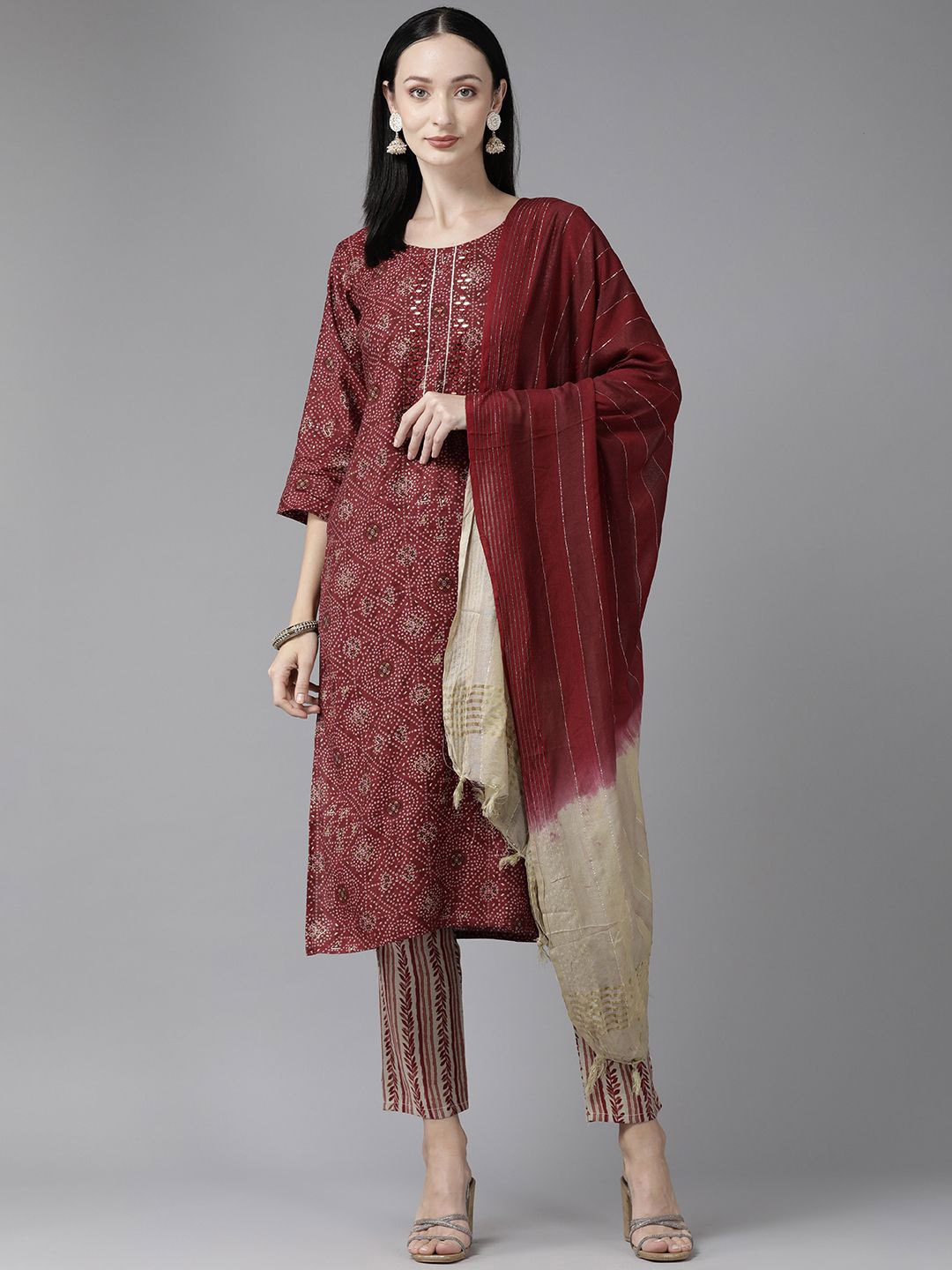 

BAESD Bandhani Printed Mirror Work Pure Silk Straight Kurta With Trousers & Dupatta, Maroon