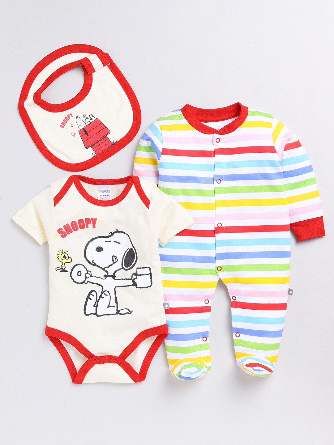 

YK X Tinyo Infant Boys Snoopy Printed Pure Cotton Bodysuit with Striped Sleepsuit, Cream