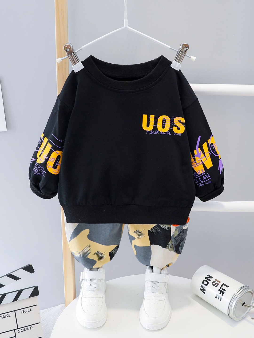 

Googo Gaaga Boys Typography Printed Round Neck Pure Cotton Sweatshirt with Joggers, Black