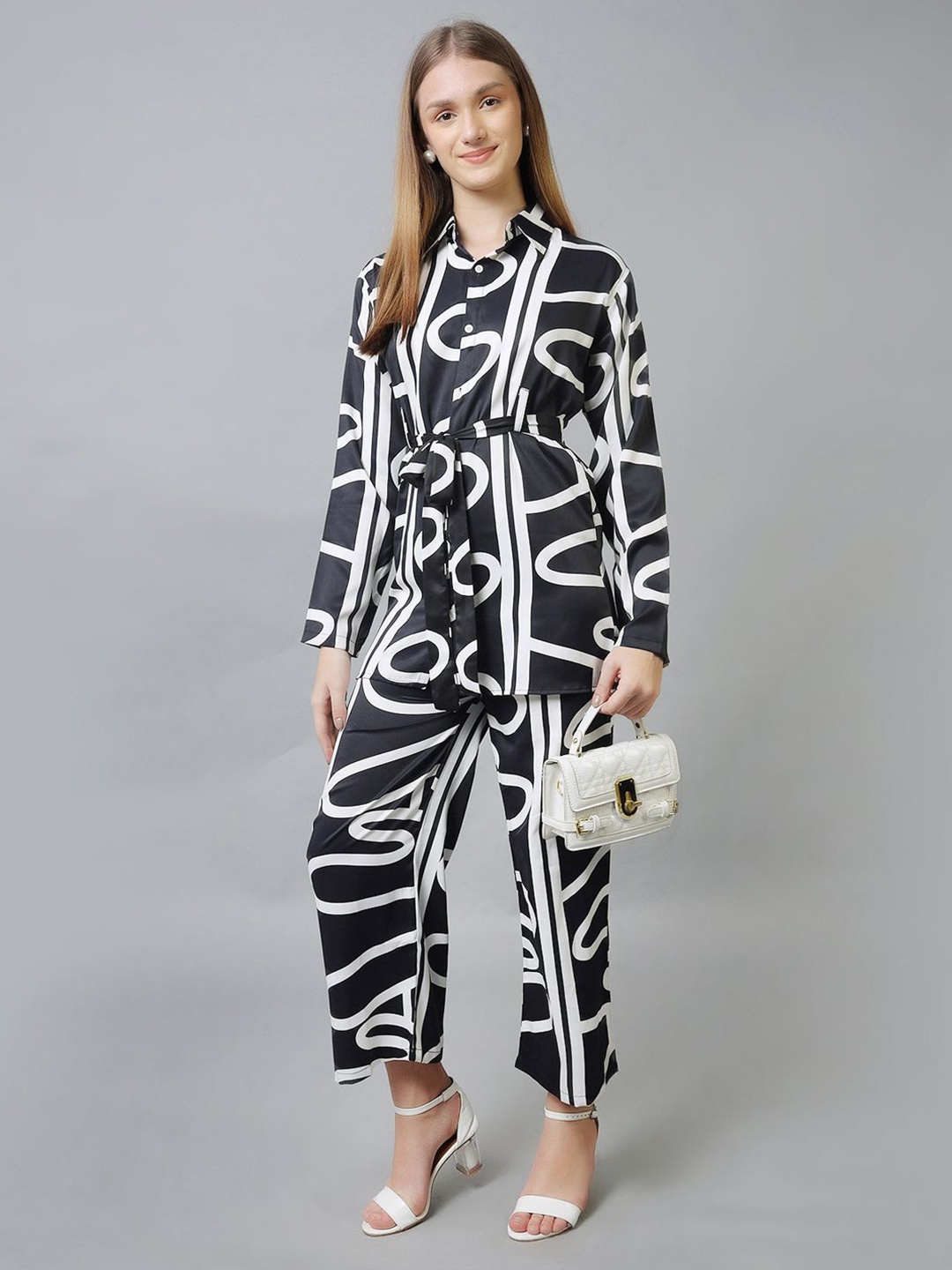 

Softwrap Women Abstract Printed Collar Shirt With Trousers Belted Co-Ords, Black