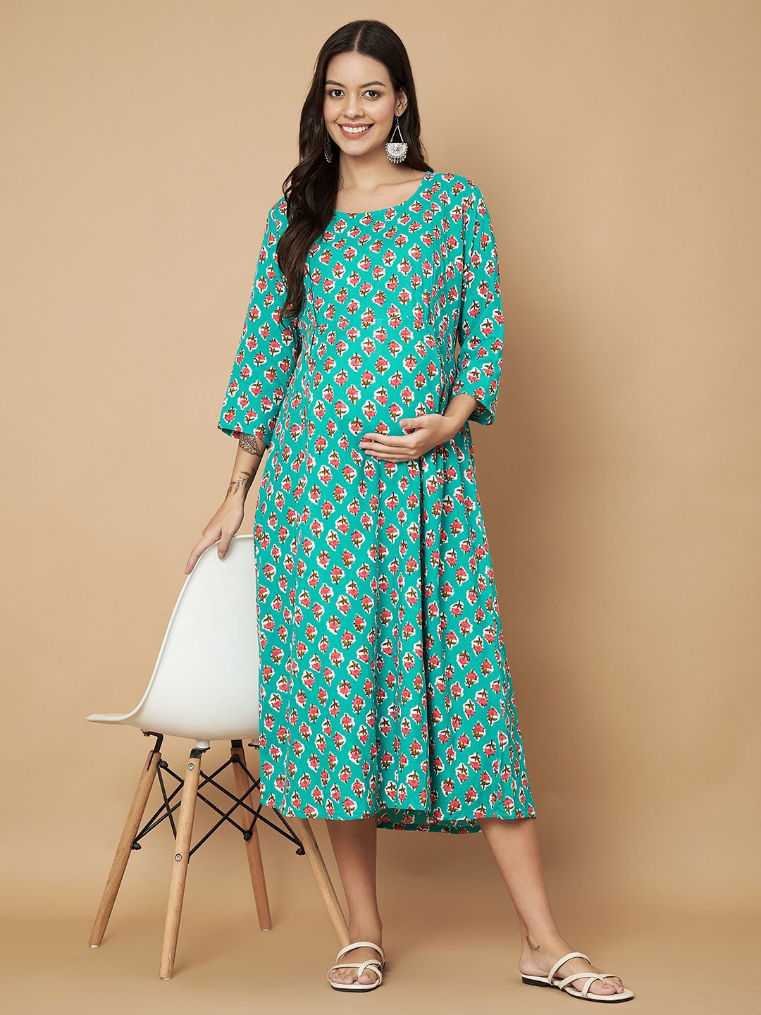 

Vastralay Floral Printed Maternity A-Line Maxi Dress, Green