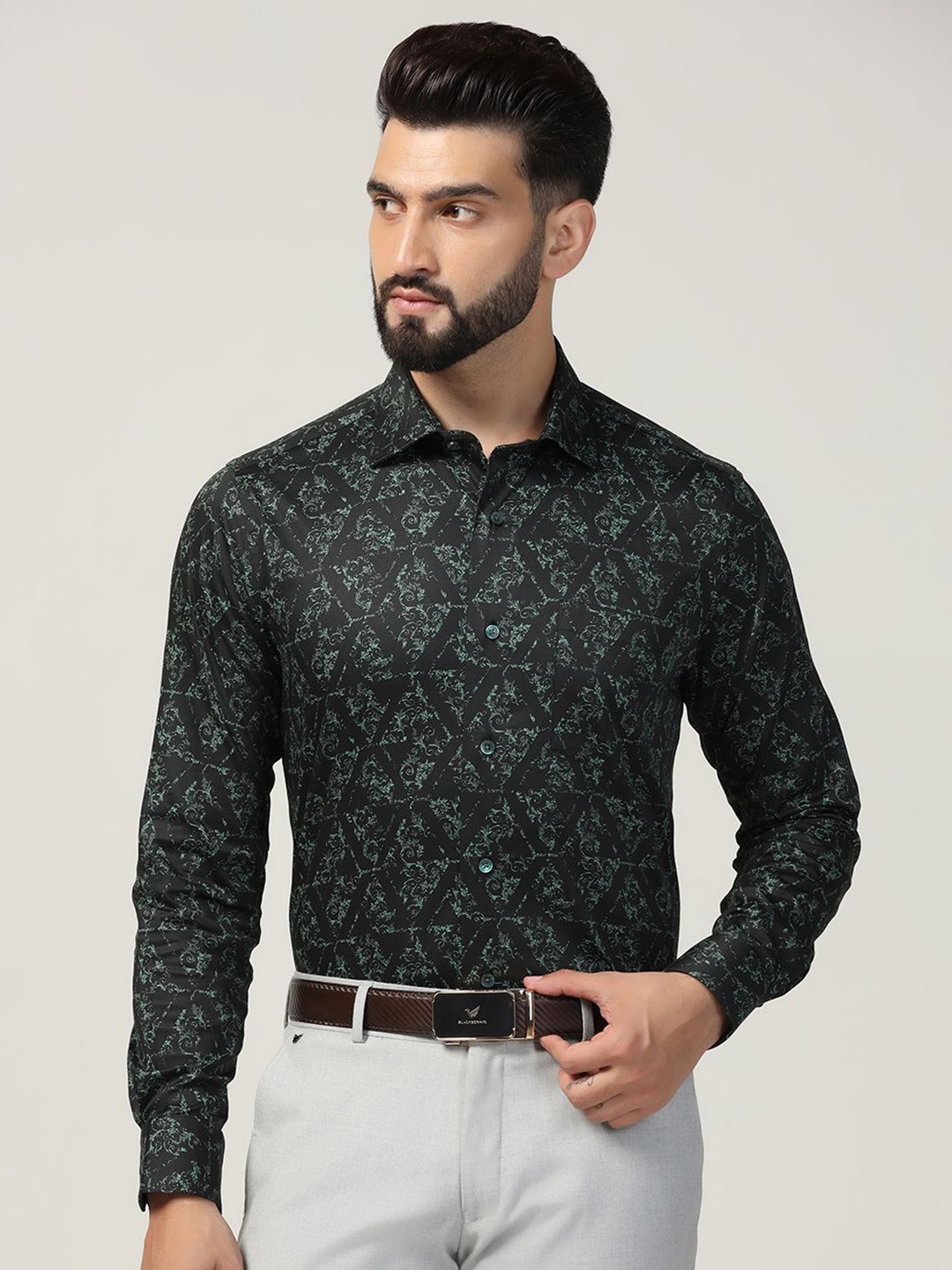 

Blackberrys Men India Spread Collar Floral Printed Cotton Slim Fit Casual Shirt, Green