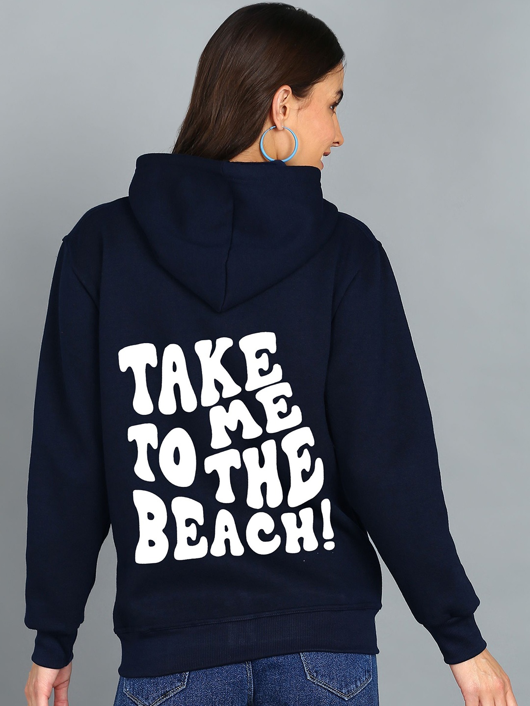 

FALTU.CO Women Typography Printed Hooded Ribbed Cotton Sweatshirt, Navy blue