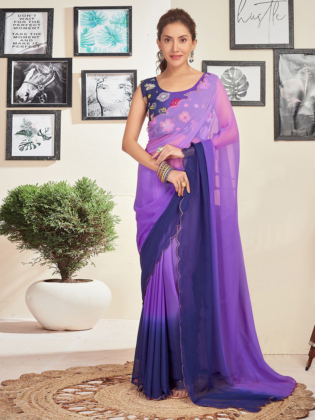

all about you Solid Colourblocked Pure Georgette Saree, Blue
