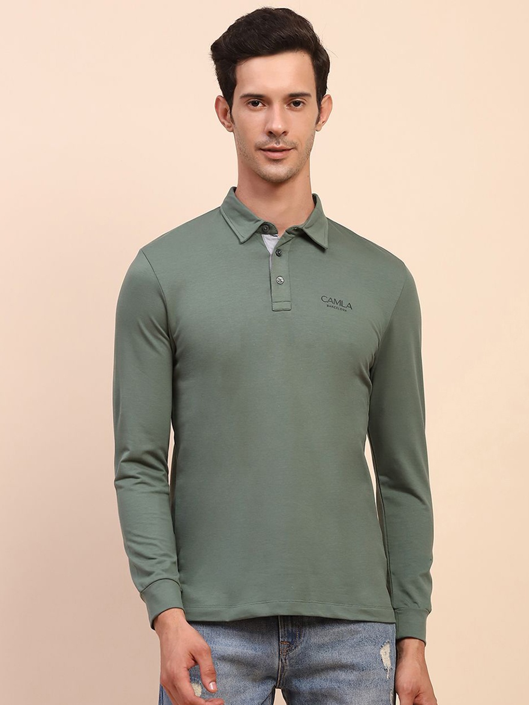 

CAMLA Men Solid Polo Collar Cotton T-shirt, Green