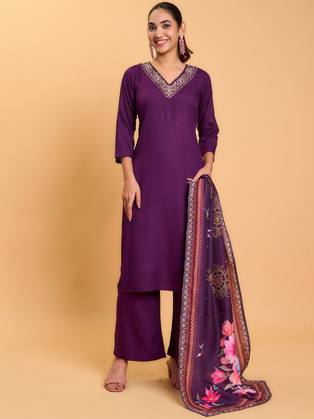 

KALINI Floral Embroidered Sequinned Kurta With Palazzos & Dupatta, Purple