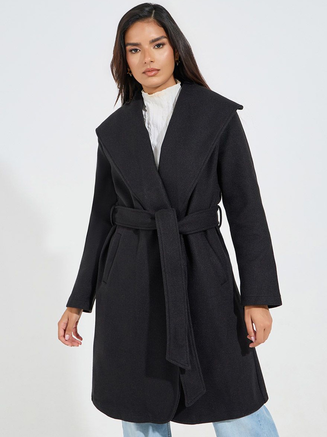 

Styli Women Solid Belted Longline Wool Look Coat, Black