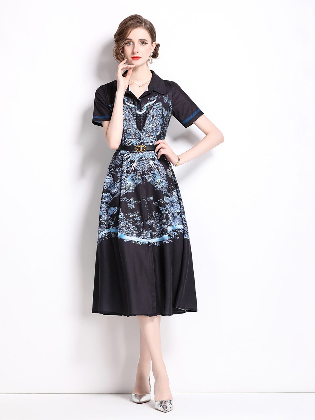 

JC Collection Floral Printed A-Line Midi Dress, Black