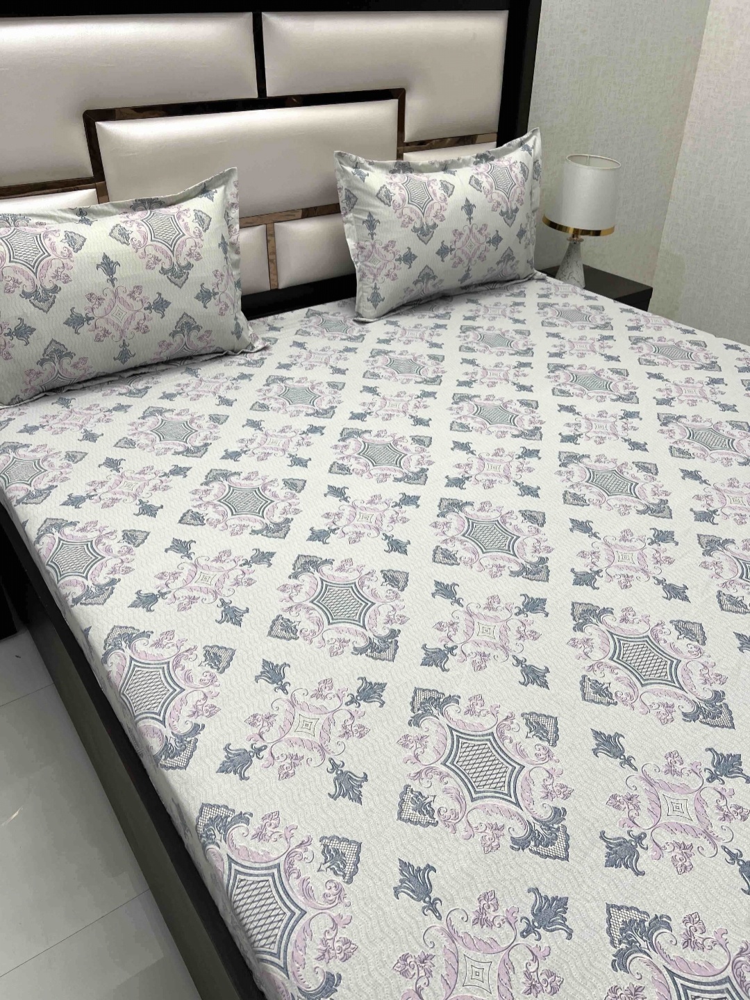 

Pure Decor Ruby White Ethnic Motifs Fitted Cotton 400 TC King Bedsheet & 2 Pillow Covers