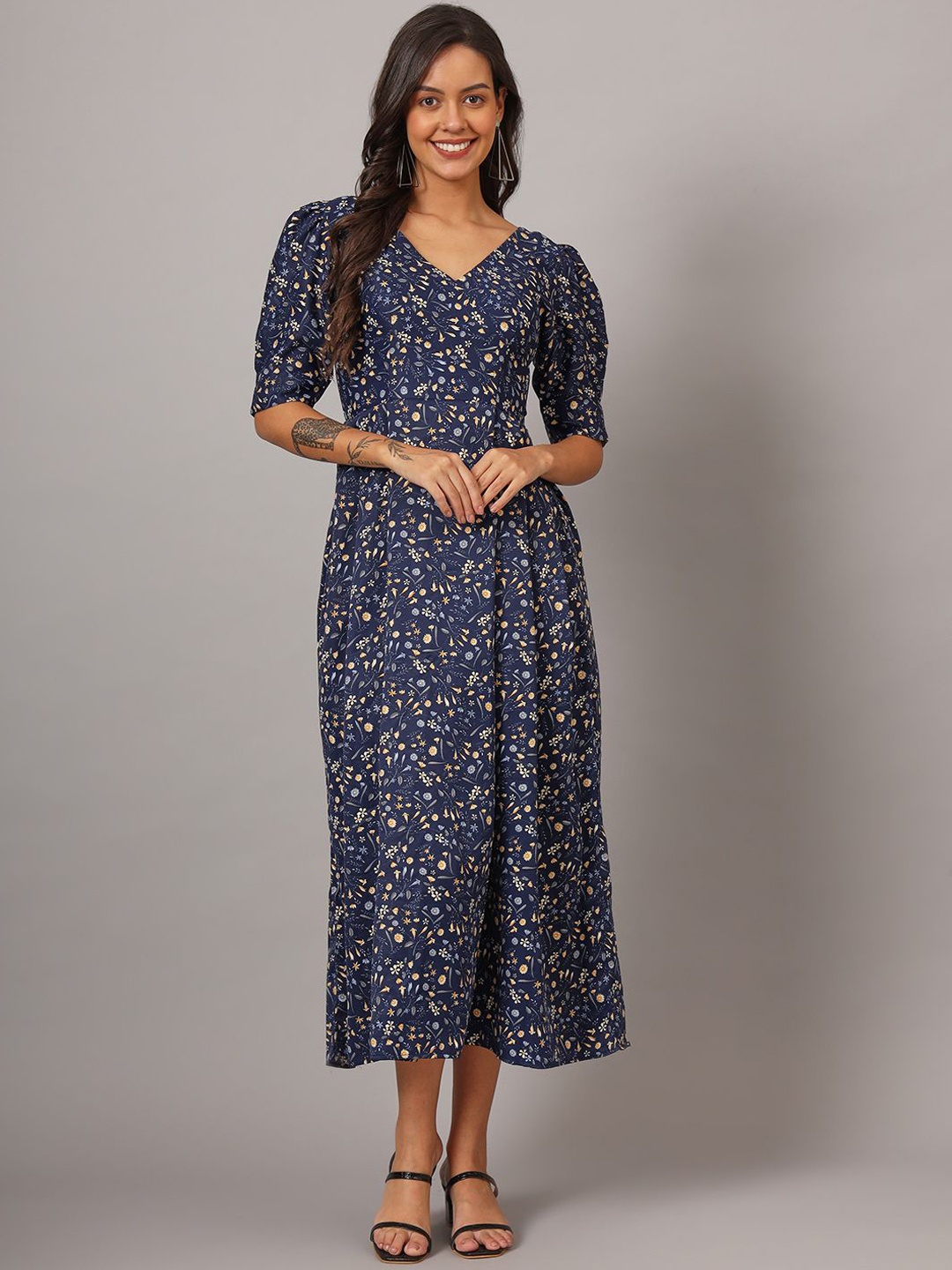 

DHAKRE FASHION Floral Printed Puff Sleeves Gathered Silk Fit & Flare Midi Ethnic Dress, Navy blue