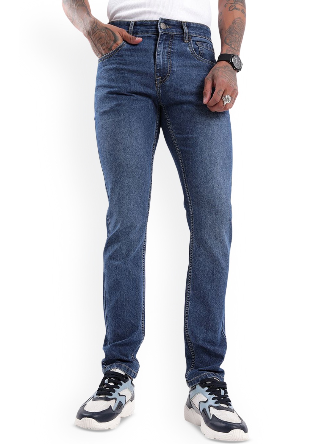 

WROGN Men Slim Fit Low Distress Light Fade Jeans, Blue
