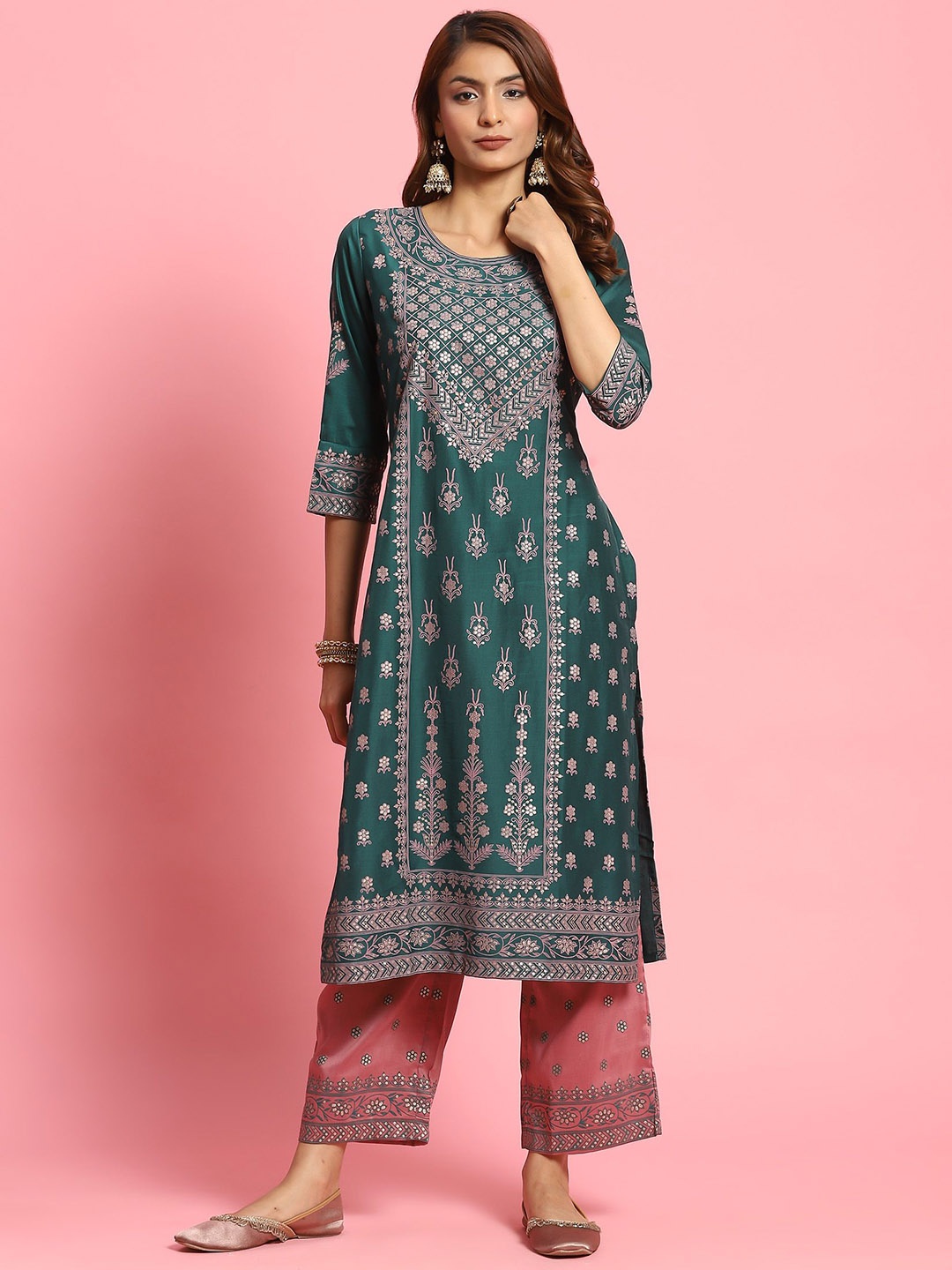 

Shree Floral Printed Sequinned Straight Kurta with Trousers, Green