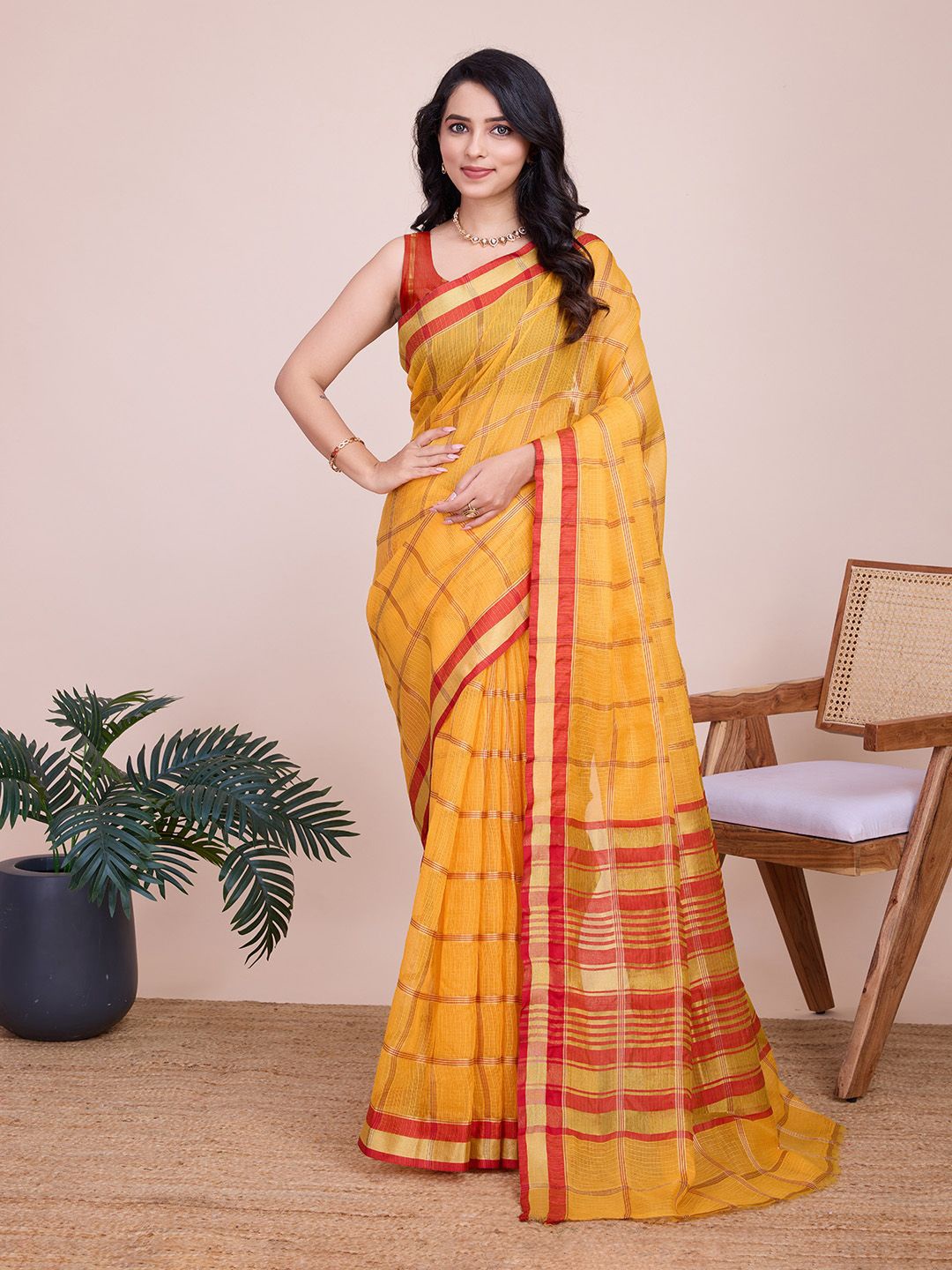 

ORUS Checked Zari Kota Saree, Yellow