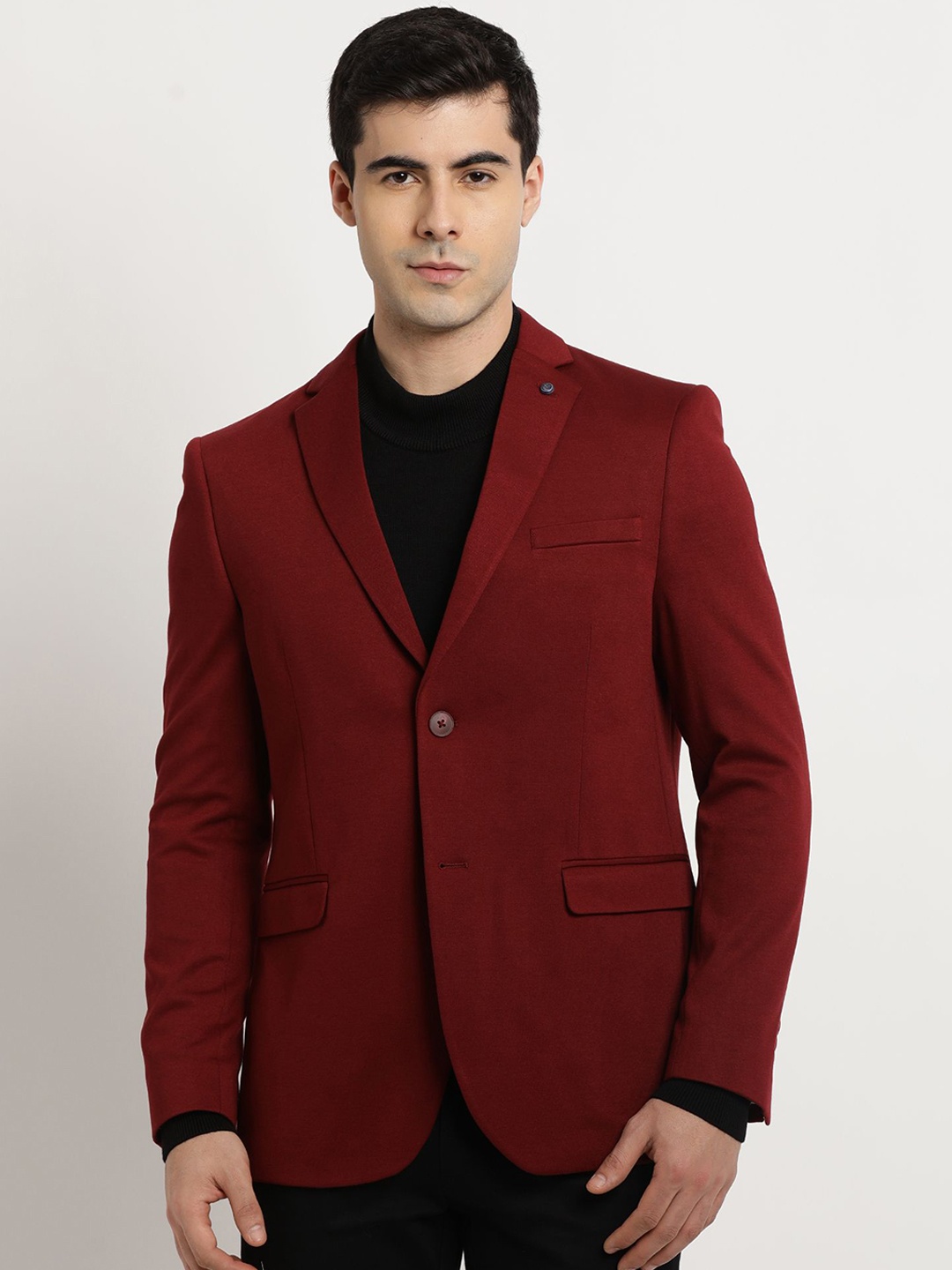 

Turtle Notched Lapel Self Design Knitted Dobby Single-Breasted Blazer, Red