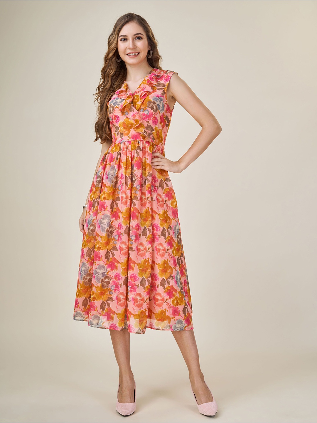 

MOJILAA Floral Print Georgette Midi Dress, Peach