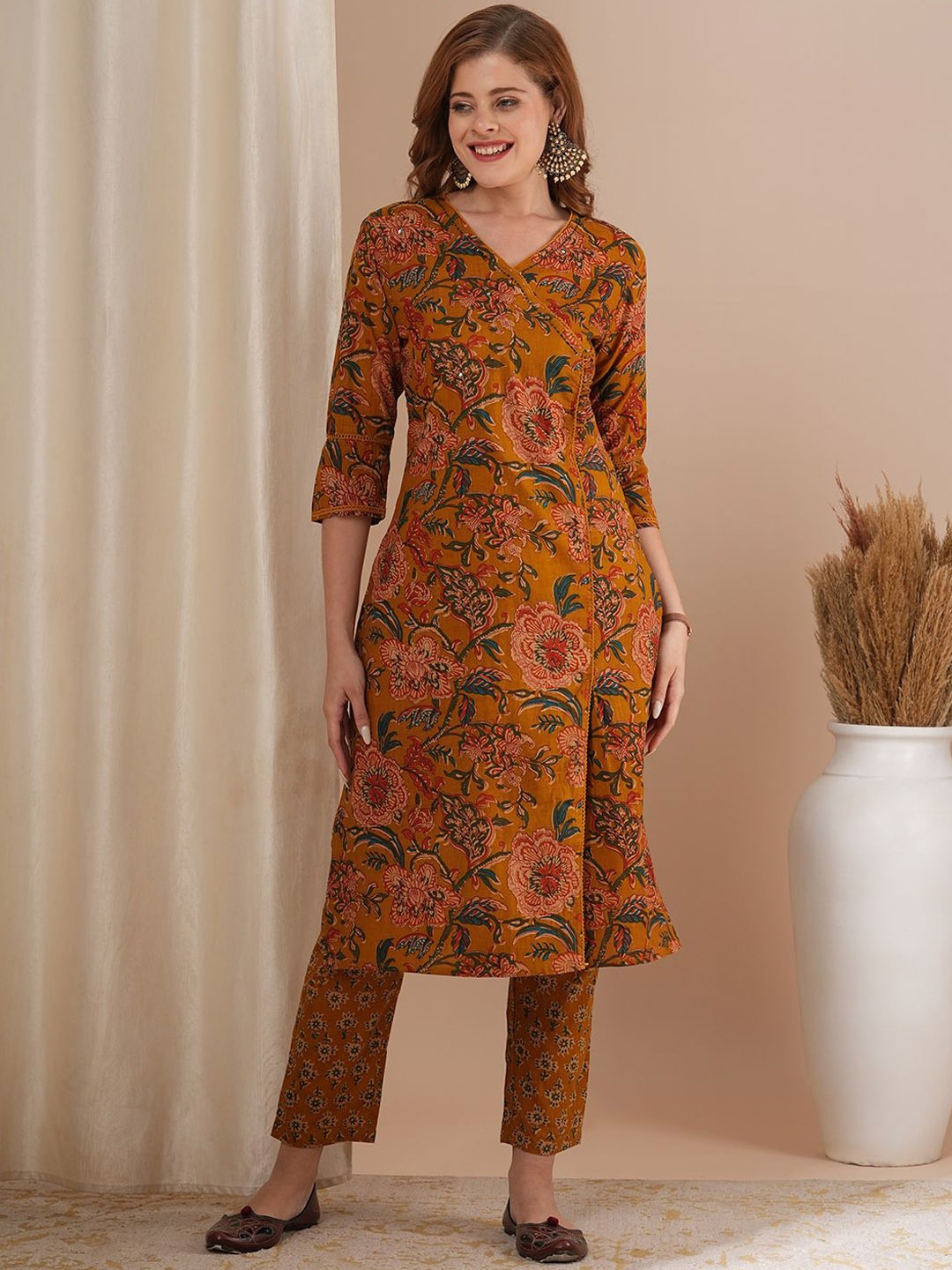 

FASHOR Floral Printed Mirror Work Pure Cotton Straight Kurta With Trousers, Mustard