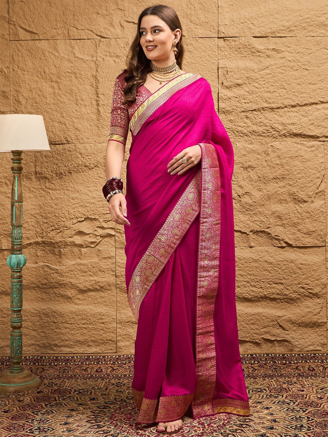 

Sangria Solid Woven Design Saree With Blouse Piece, Pink