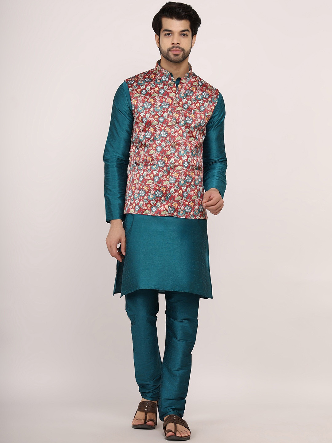 

Sadree Mandarin Collar Dupion Silk Kurta With Churidar & Jacket, Green