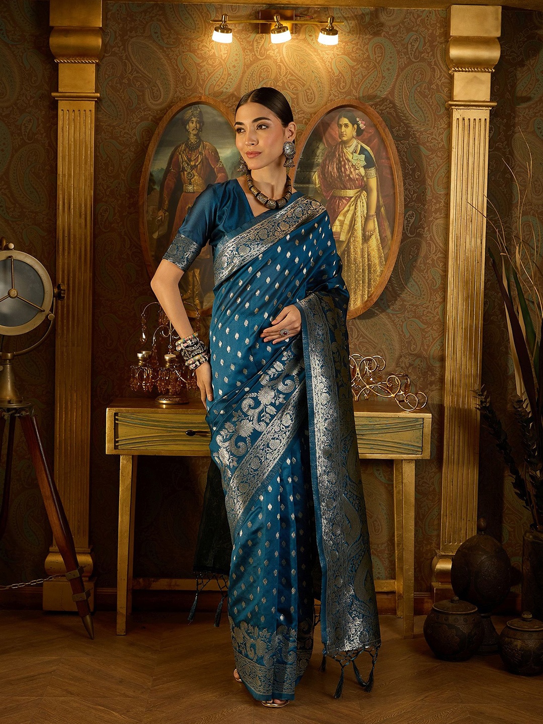 

Sangria Ethnic Motifs Woven Design Banarasi Saree With Unstitched Blouse, Blue