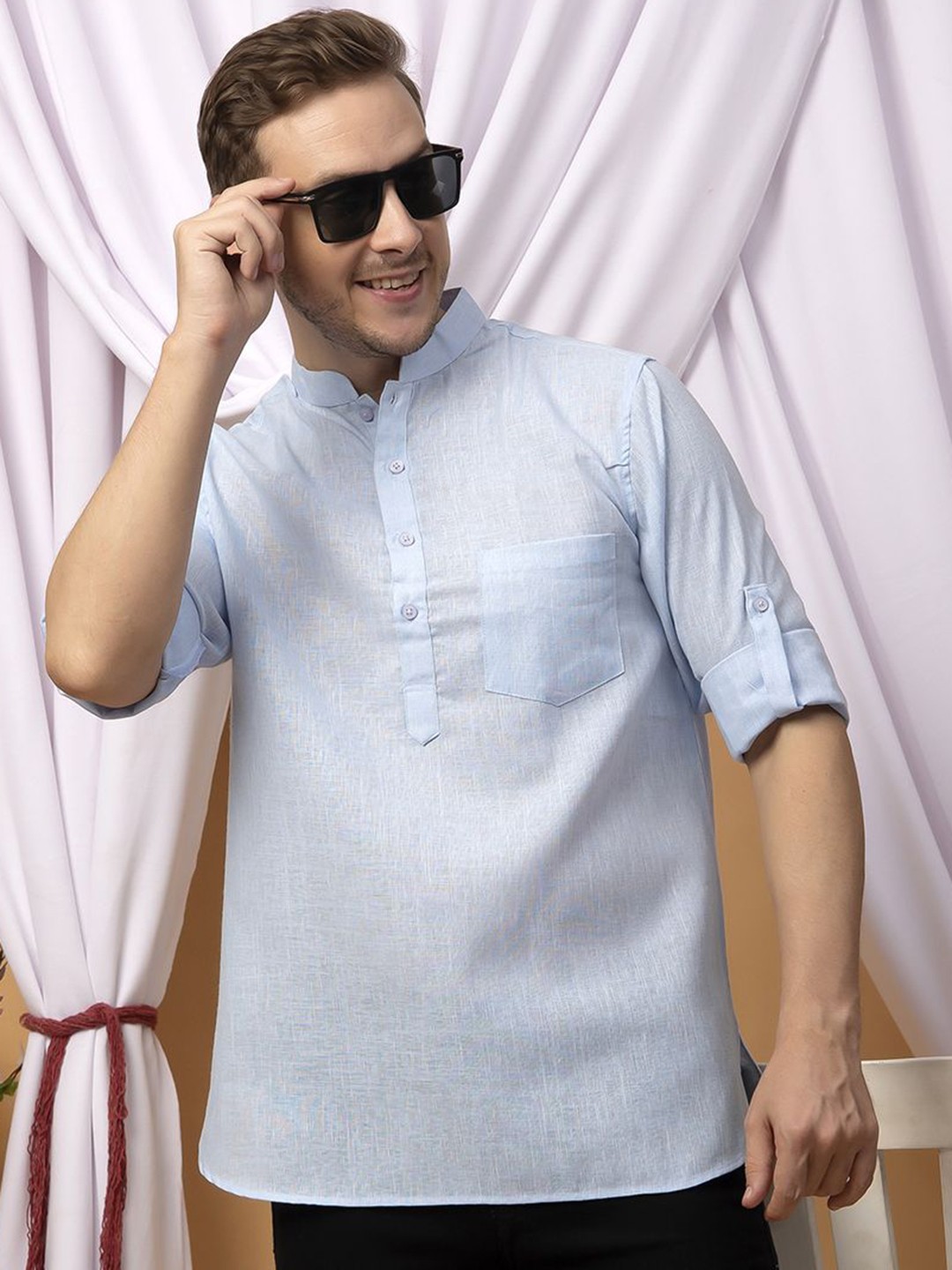 

Hangup Mandarin Collar Linen Straight Kurta, Blue