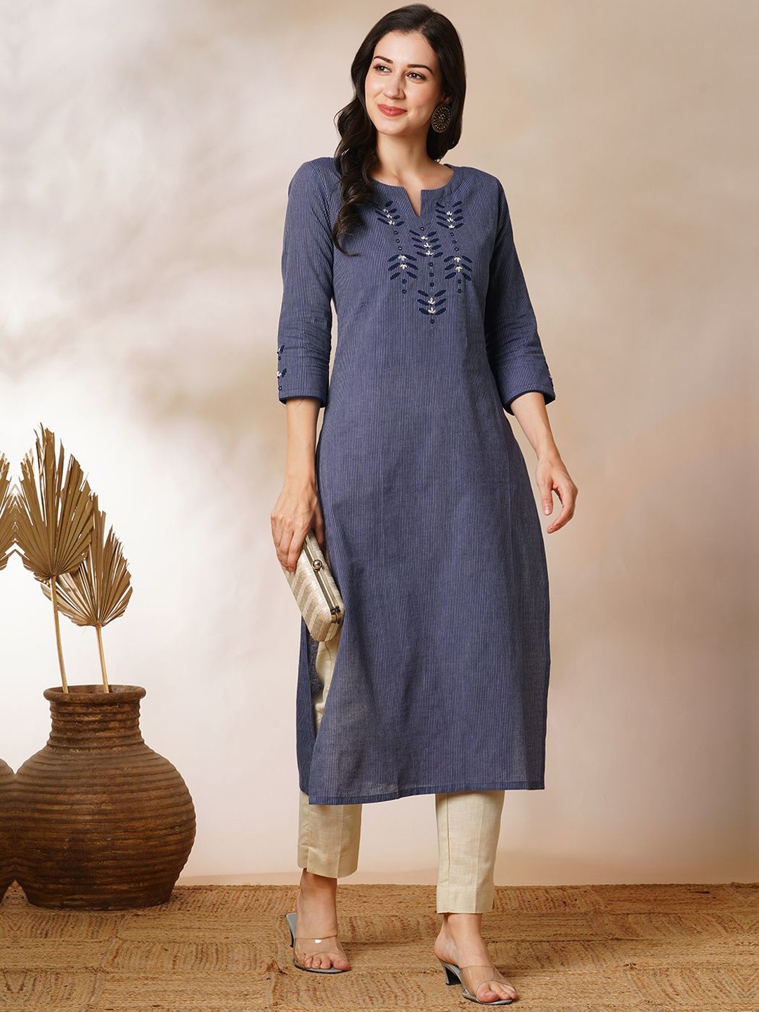 

KAMI KUBI Striped Printed Pure Cotton Straight Kurta, Blue