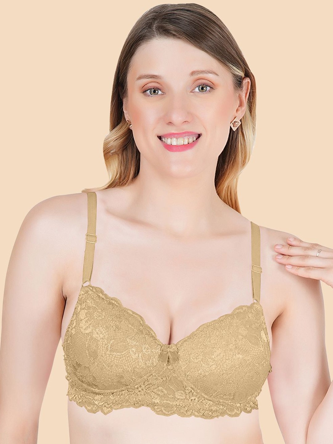 

Joomie Full Coverage Lightly Padded Self Design Bra, Beige