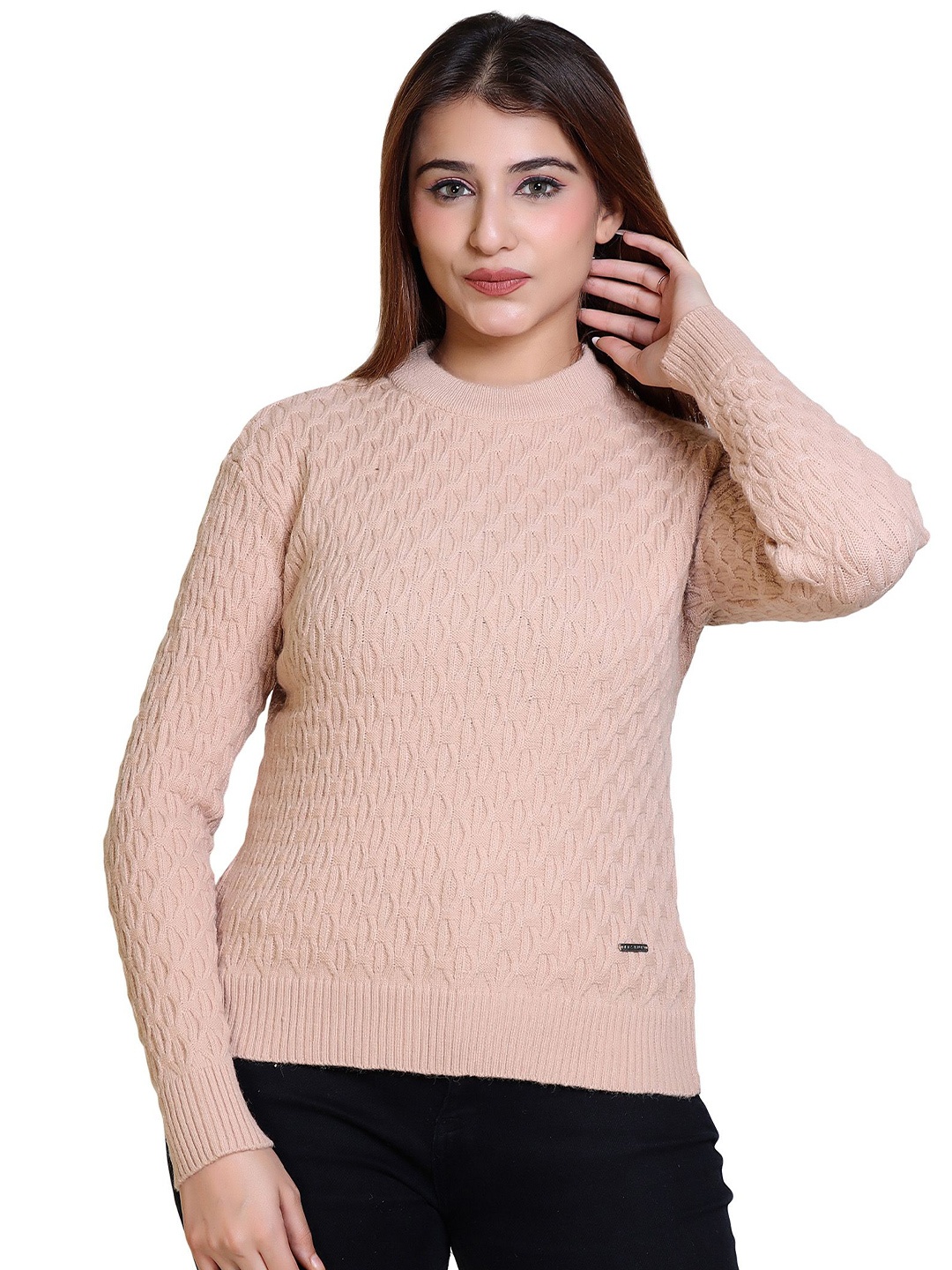 

LEZA Women Cable Knit Round Neck Pullover Sweater, Beige