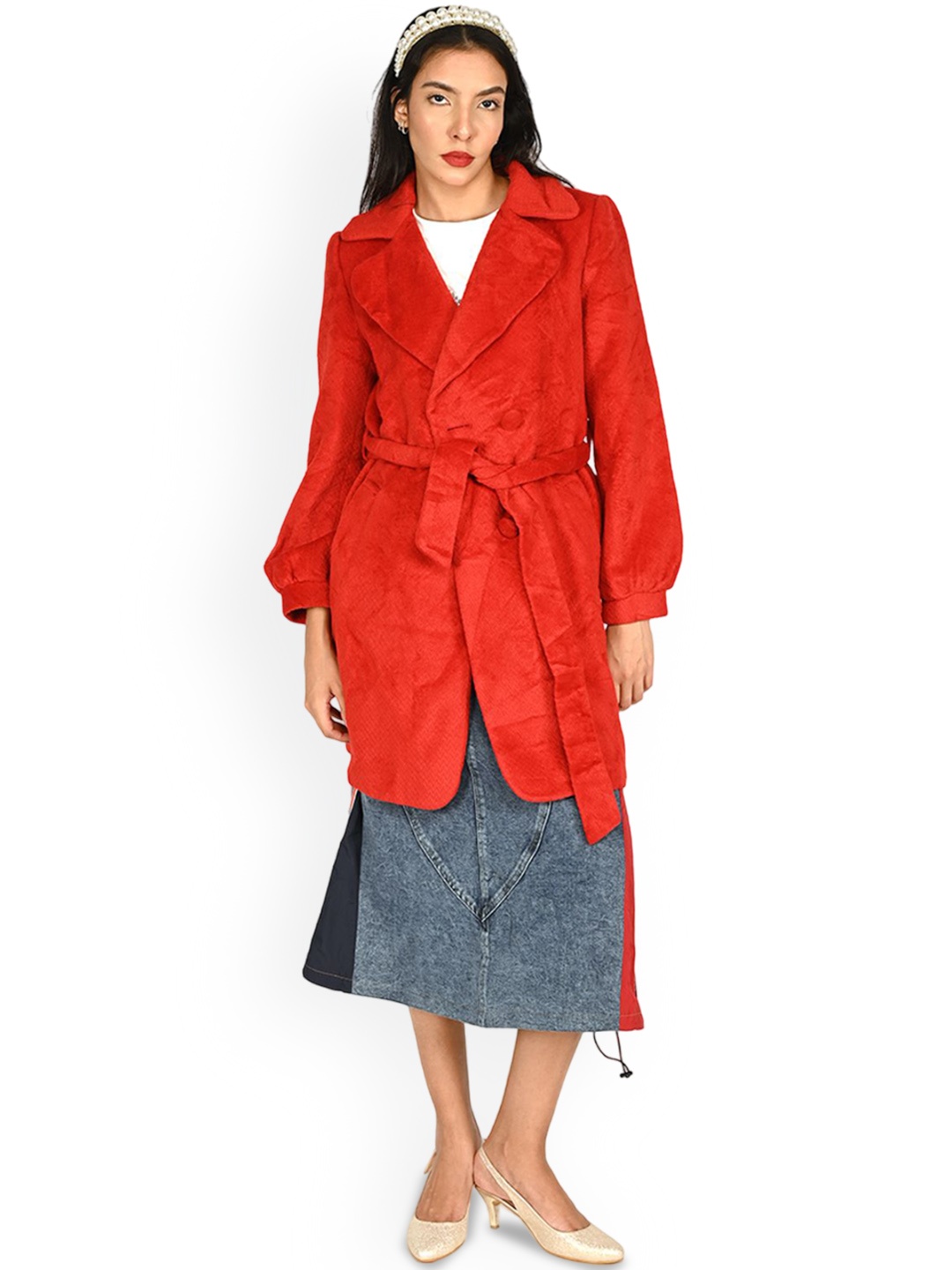 

ODETTE Women Washed Open Front Jacket, Red