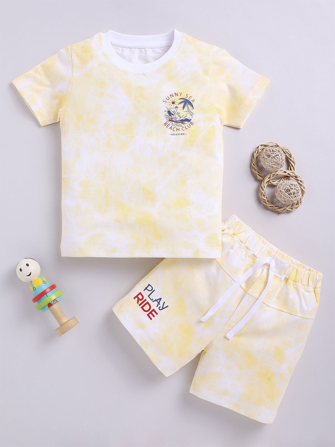 

LITTLE NINJA Boys Abstract Printed Round Neck Pure Cotton T-shirt with Shorts, Yellow