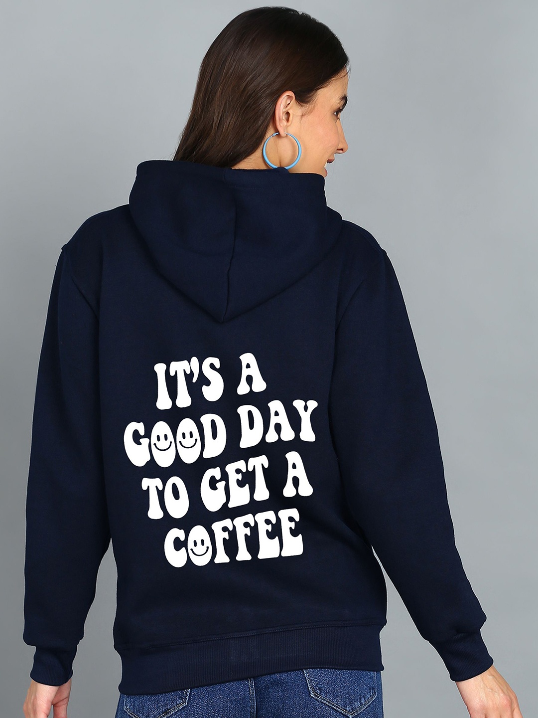 

FALTU.CO Women Typography Printed Hooded Ribbed Cotton Sweatshirt, Navy blue
