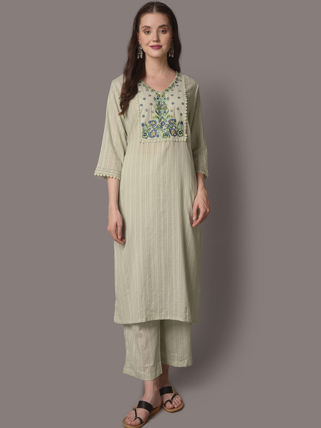 

Shree Ethnic Motifs Embroidered Pure Cotton Straight Kurta & Trousers With Dupatta, Green