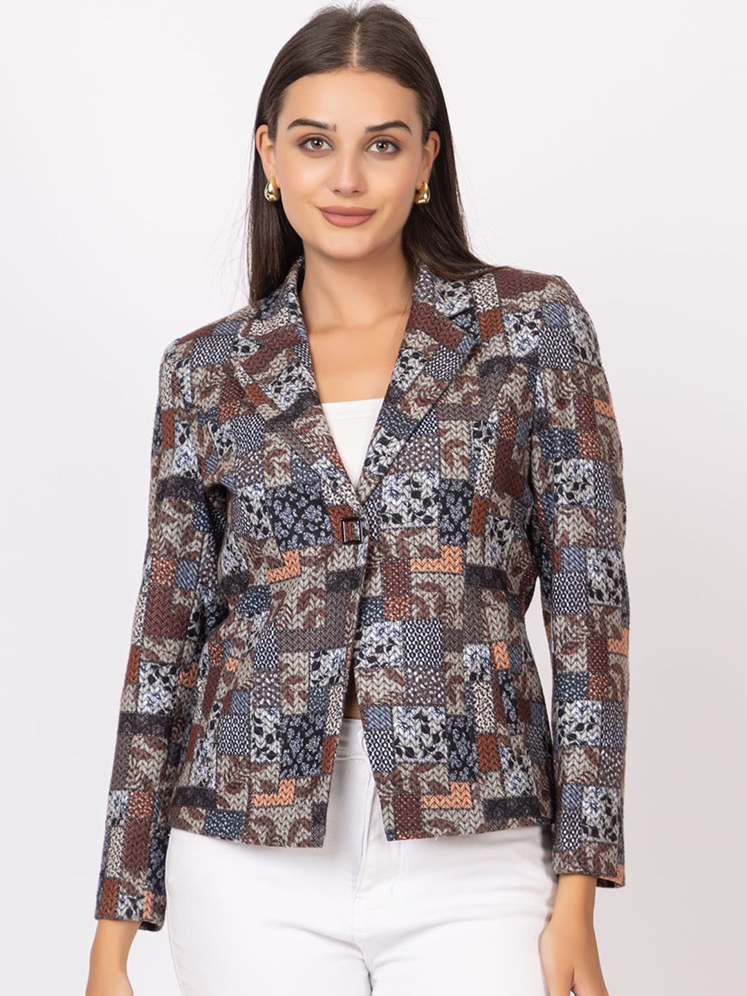 

TWENTY ME Printed Acrylic Single Breasted Blazer, Grey melange