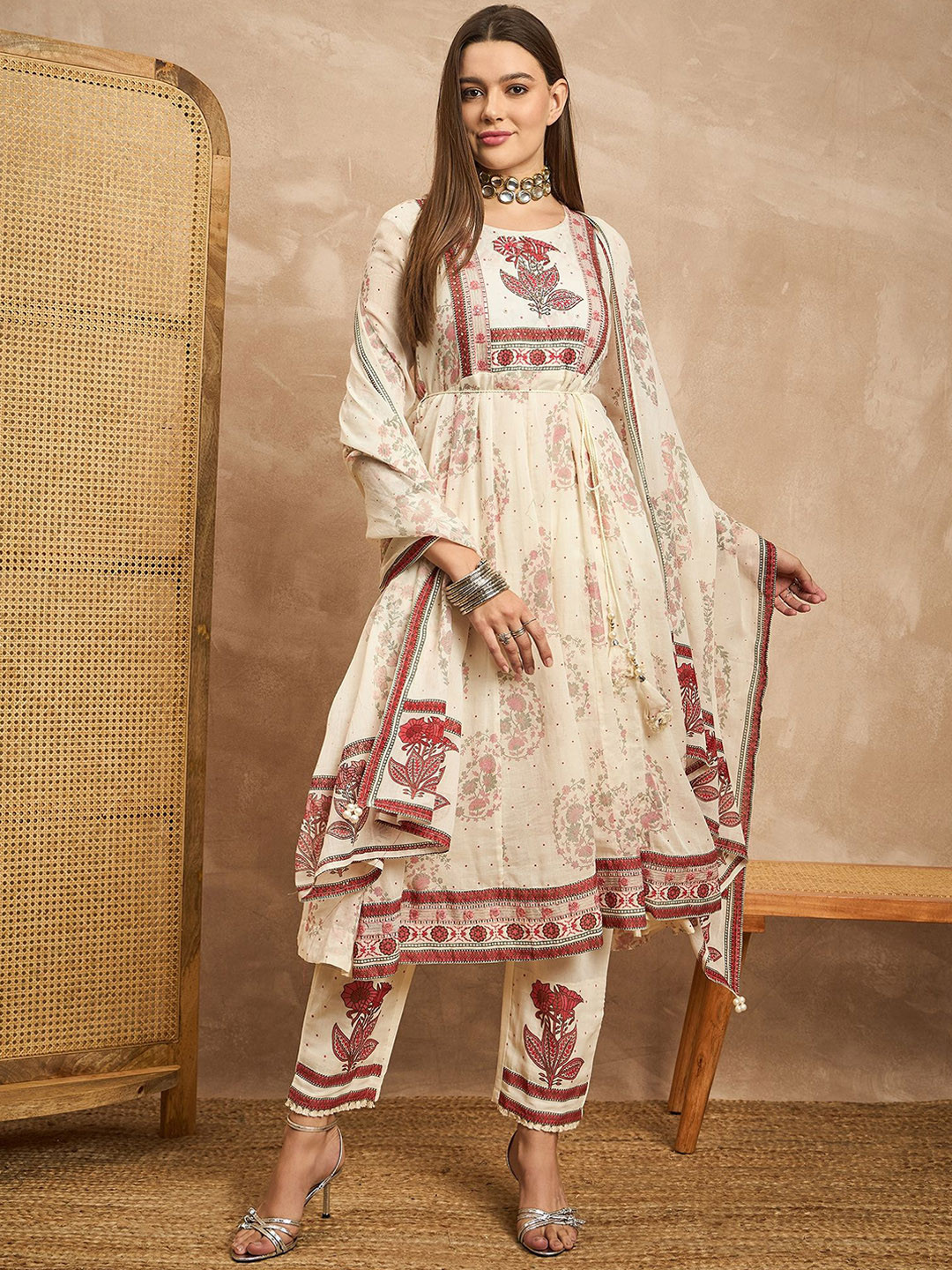 

all about you White & Pink Floral Printed Round Neck Anarkali Kurta with Trouser & Dupatta