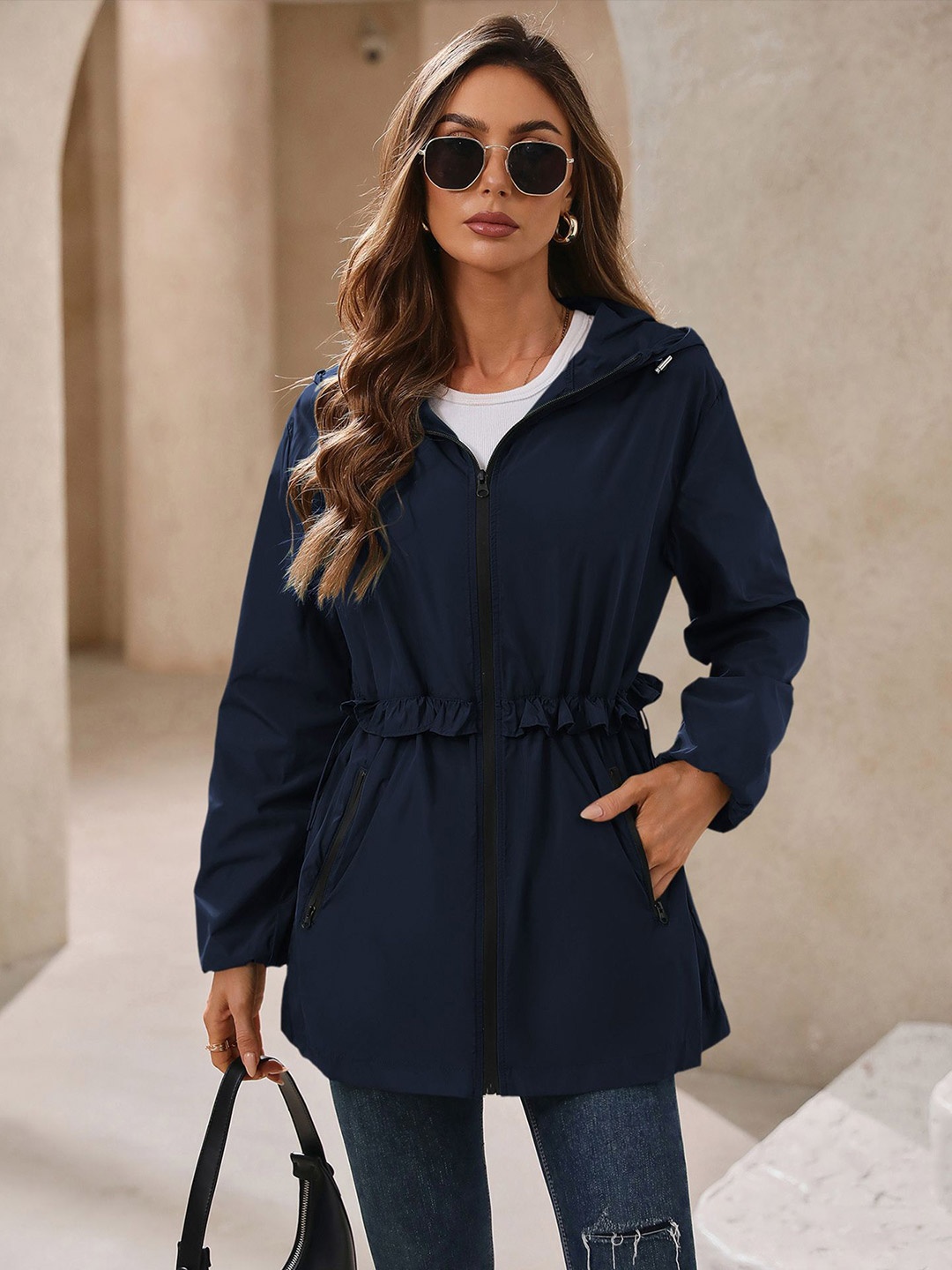 

StyleCast x Revolte Navy Blue Hooded Open Front Shrug