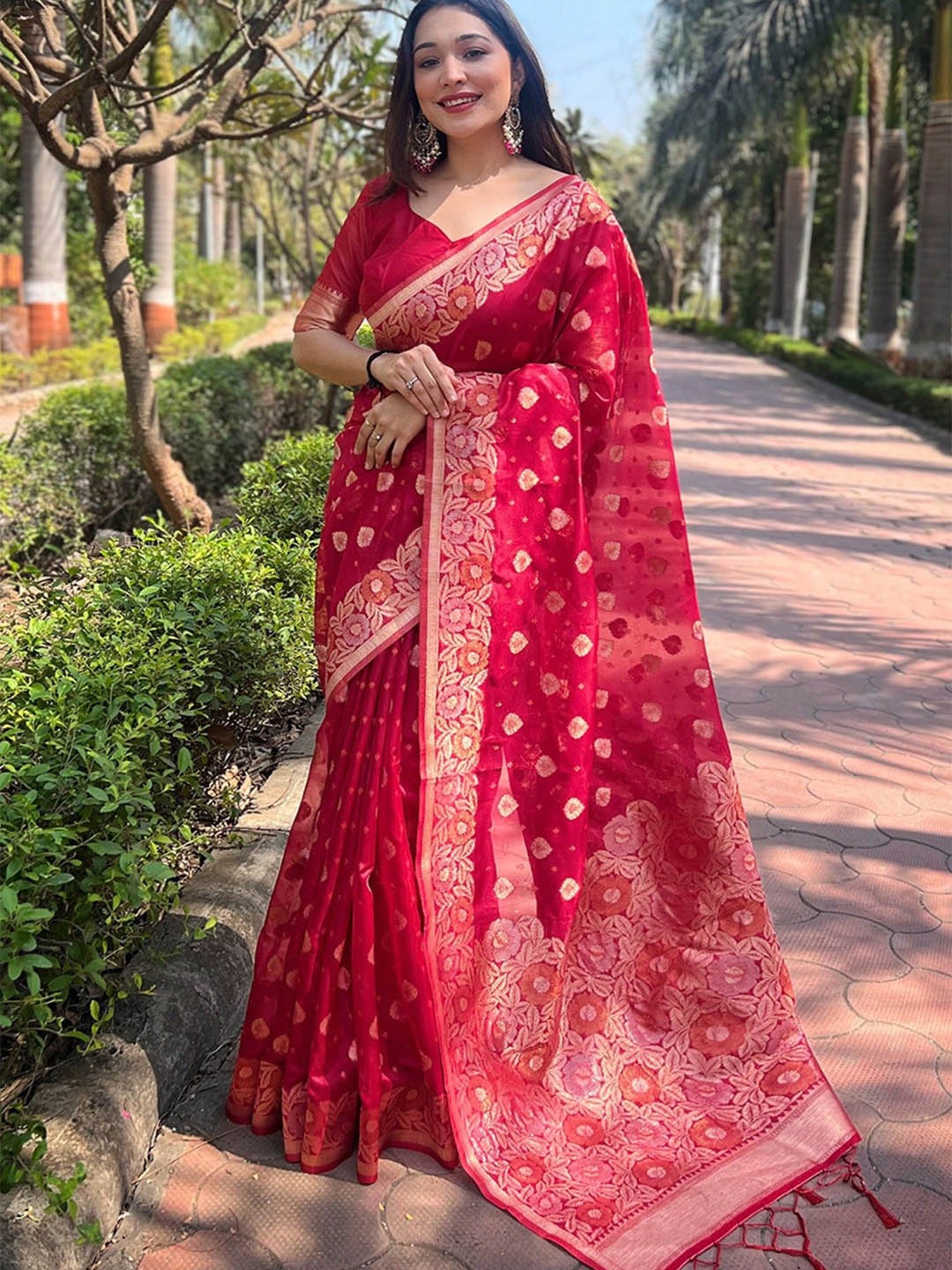 

MySilkLove Woven Design Zari Organza Saree, Red