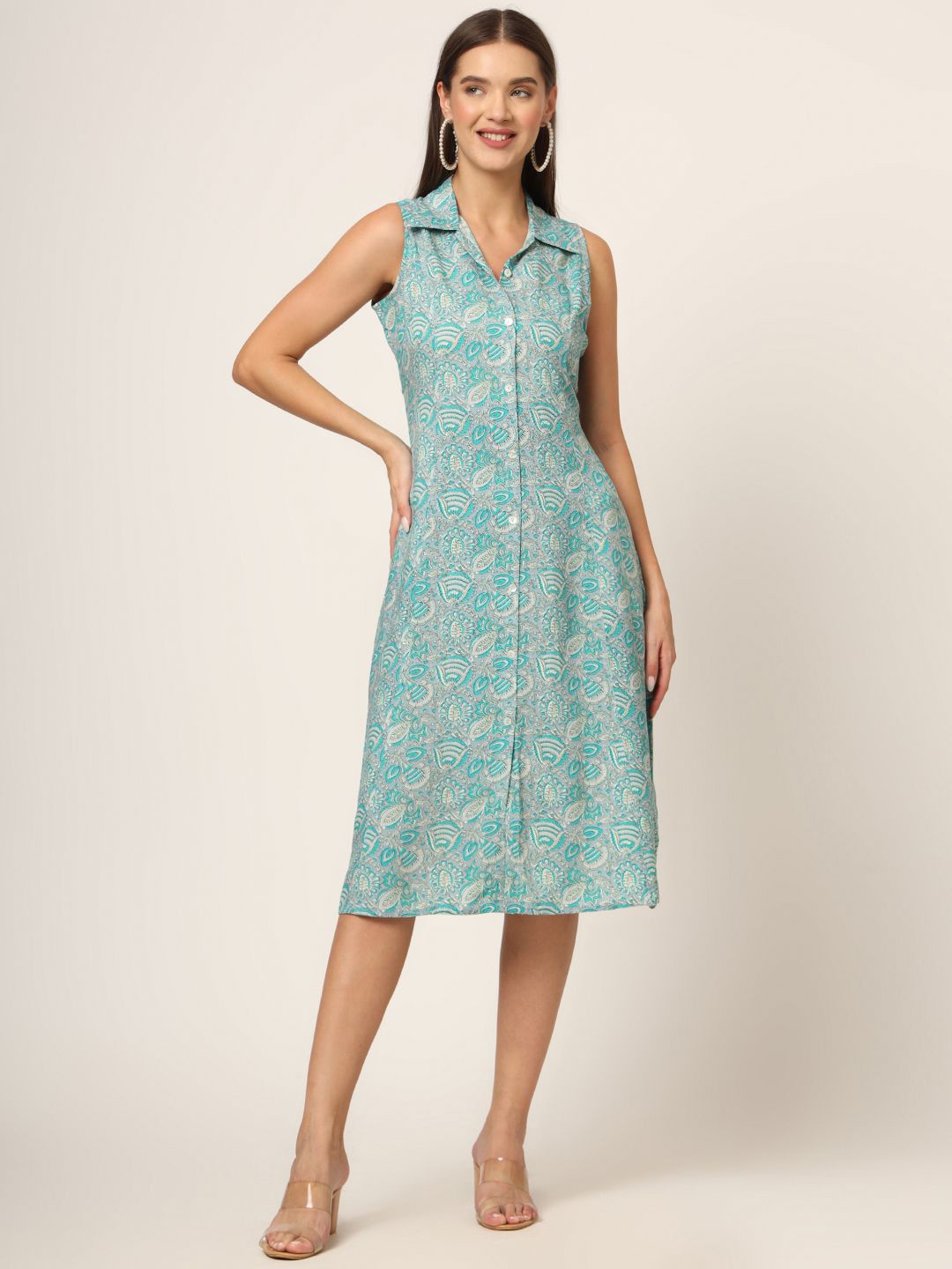 

Chandbaali Women Floral Print A-Line Midi Dress, Blue