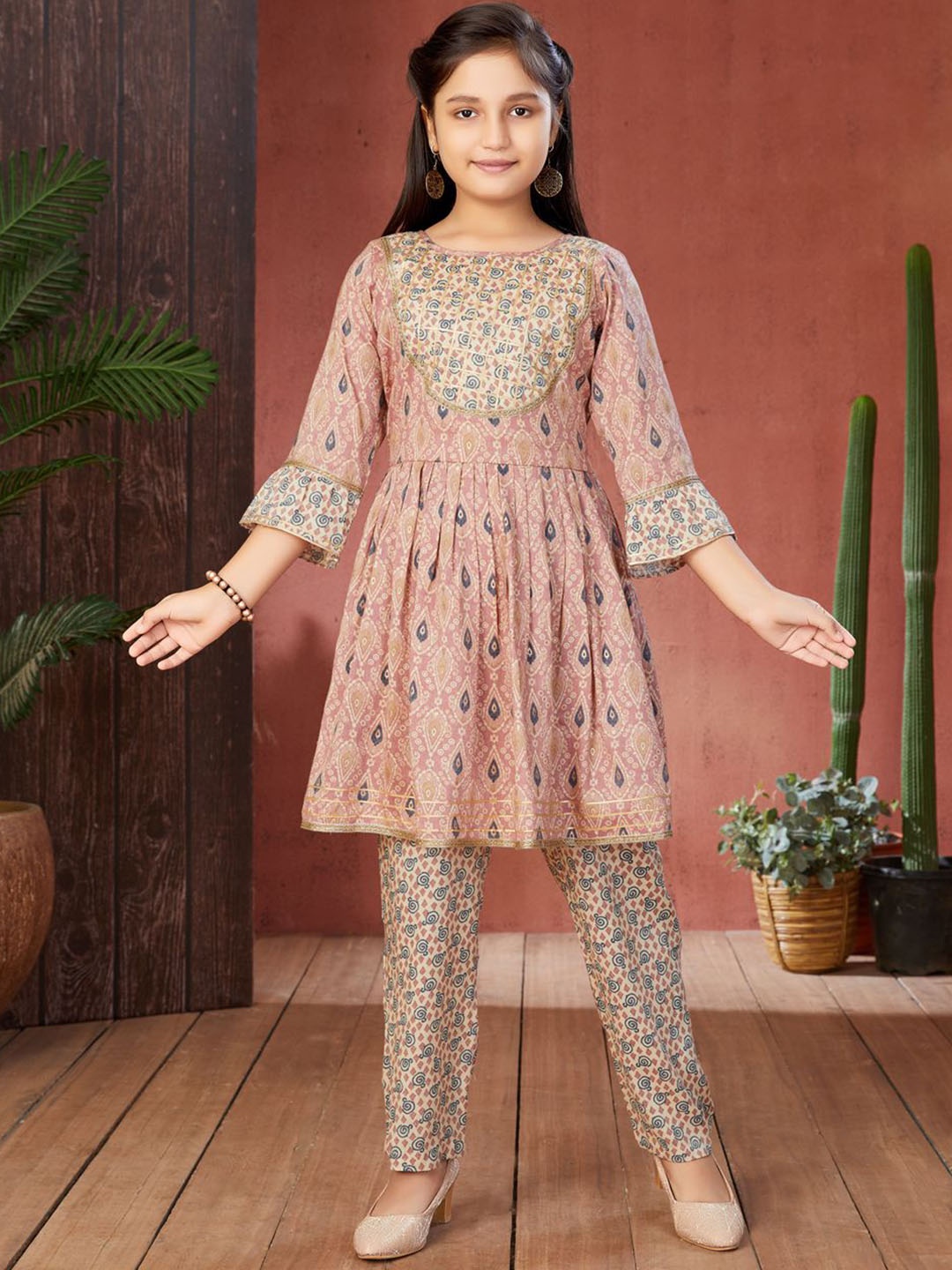 

BAESD Girls Ethnic Motifs Printed Bell Sleeves Pleated A-Line Kurta with Trousers, Peach