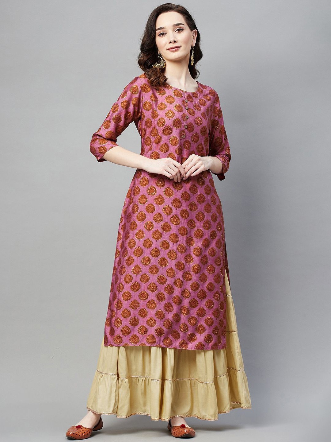 

BAESD Ethnic Motifs Printed Round Neck Pure Cotton Straight Kurta, Pink