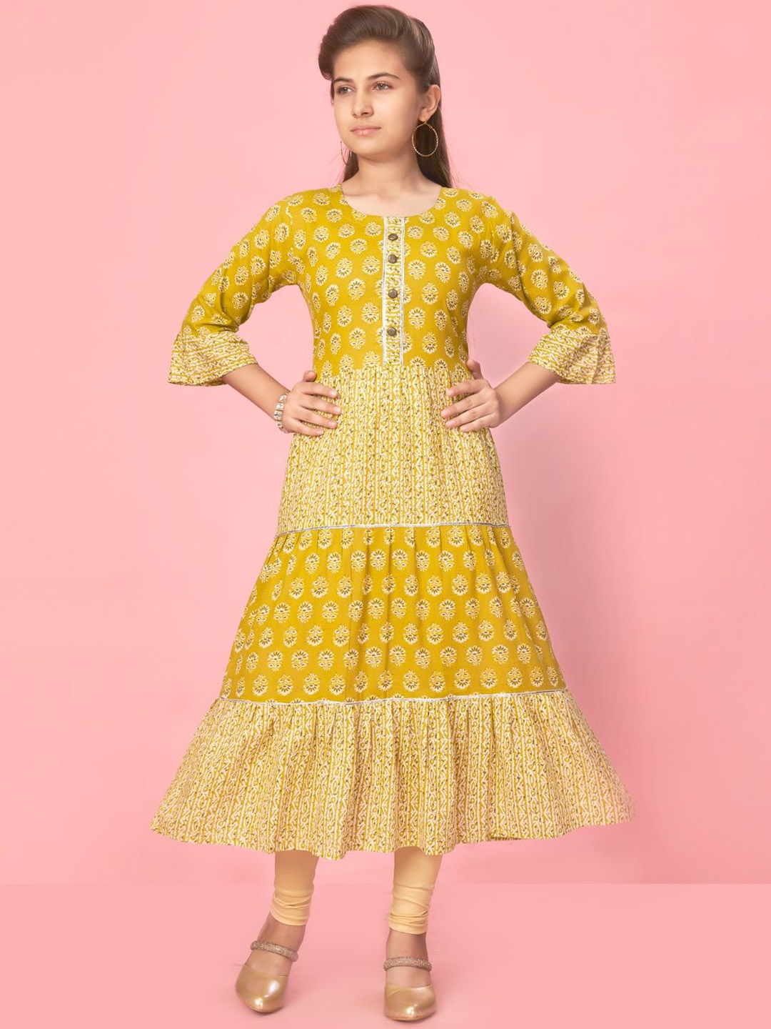 

BAESD Girls Ethnic Motifs Printed Tiered Cotton Anarkali Kurta, Yellow