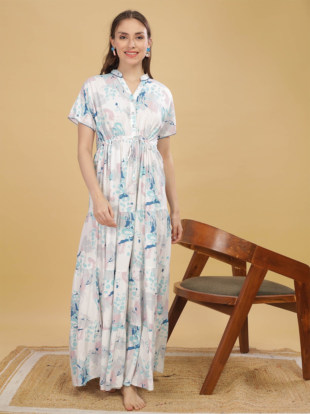 

9shines Label Printed Short Sleeves Maxi Nightdress, White