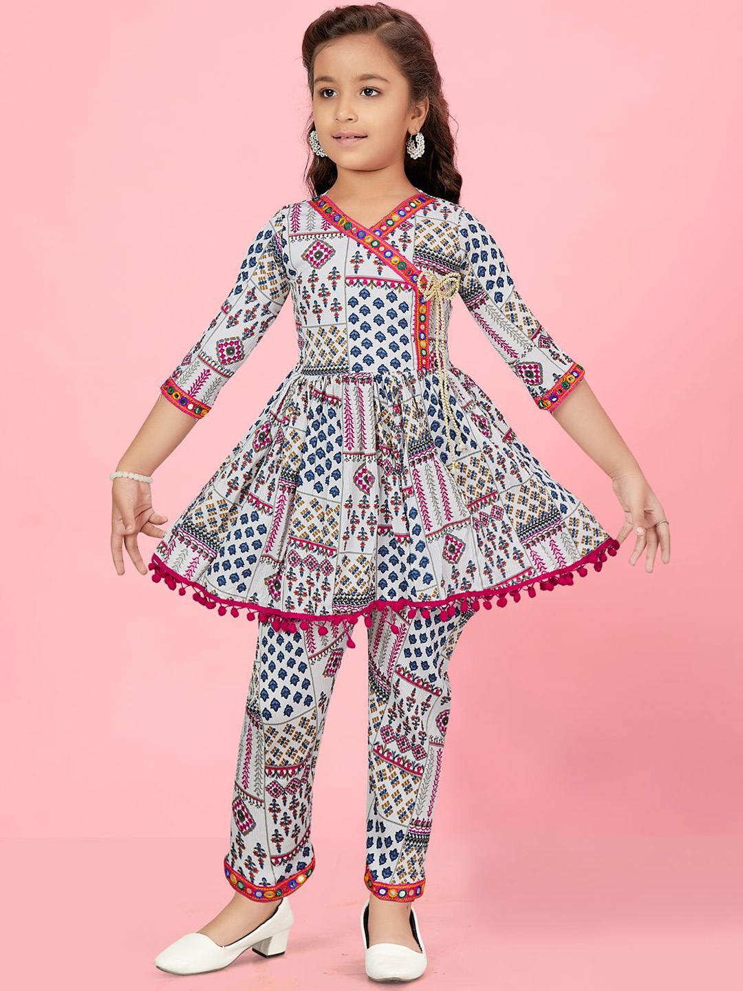 

BAESD Girls Ethnic Motifs Printed V-Neck Angrakha Mirror Work A-Line Kurta with Trousers, White