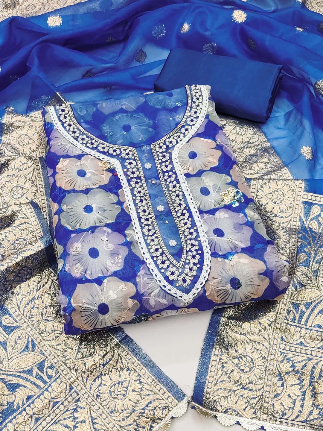 

Ishin Blue Ethnic Motifs Embroidered Sequined Organza Unstitched Dress Material